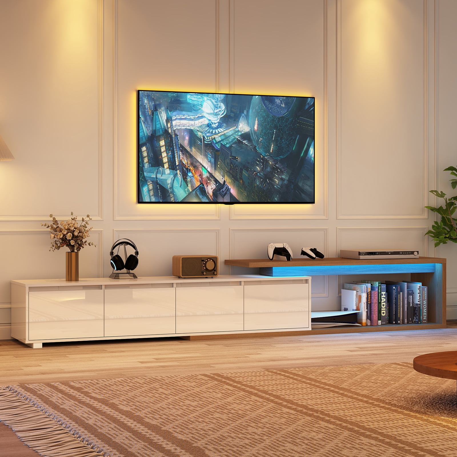 ANPOO Extendable TV Stand Cabinet with Drawers & LED Light, High Gloss Modern Minimalist Entertainment Center for Up to 120" TV, Reversible Extra Long TV Media Console, White & Walnut