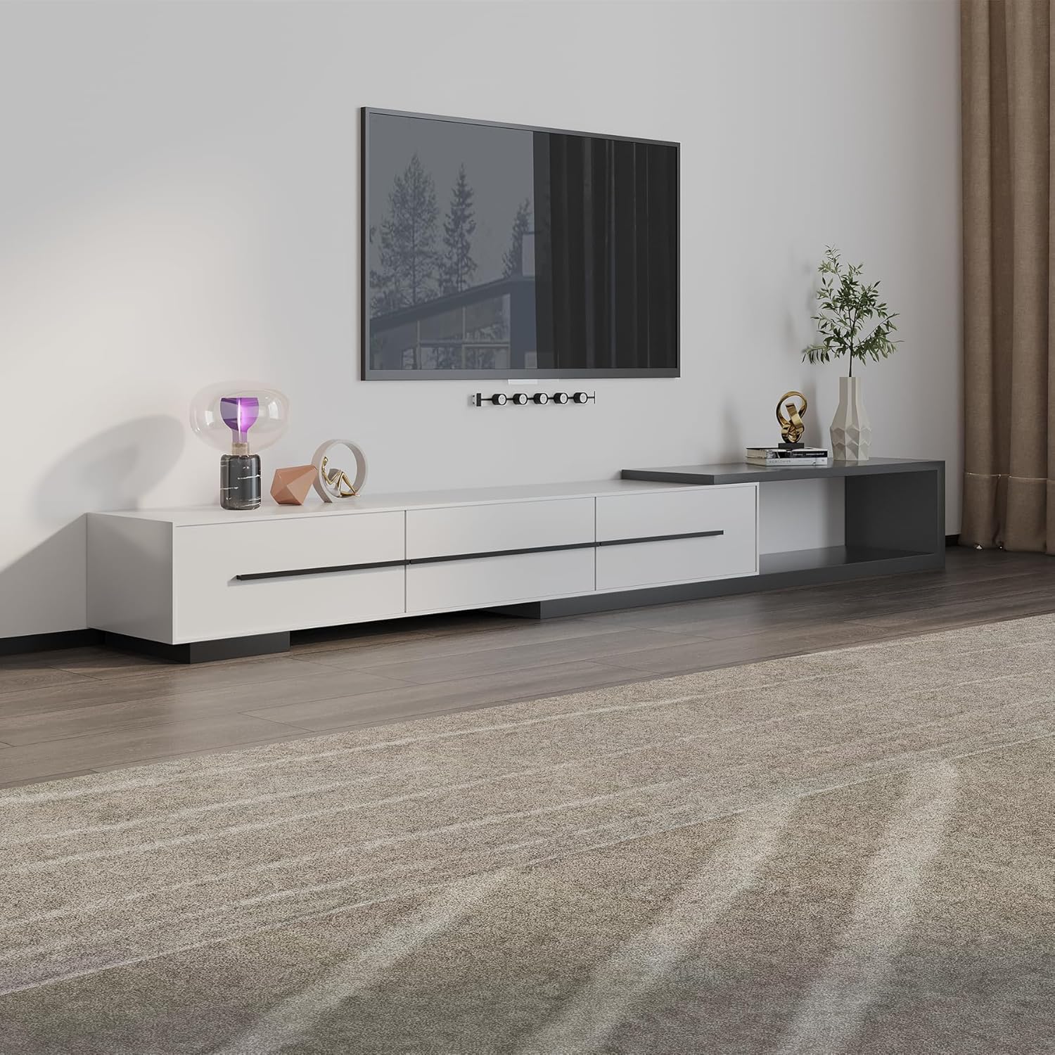 Extendable TV Stand, Modern Media Console with 3 Large Drawers & Open ...