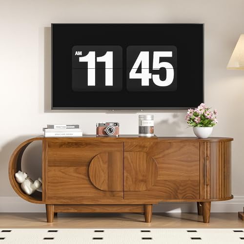 Extendable TV Stand for TVs Up to 75, Small Entertainment Center with Storage Cabinets, Doors and Wooden Legs, Modern Media TV Console Table for Living Room, Bedroom$$Furniture