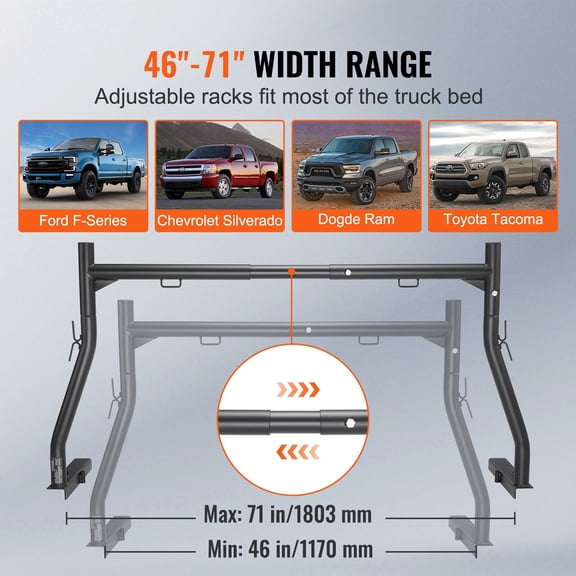 Extendable Truck Ladder Rack 46-71 inch 800 lbs Capacity Steel Heavy Duty Non-Drilling J-Bolts Truck Bed Rack for Kayak Surfboard Lumber Ladder