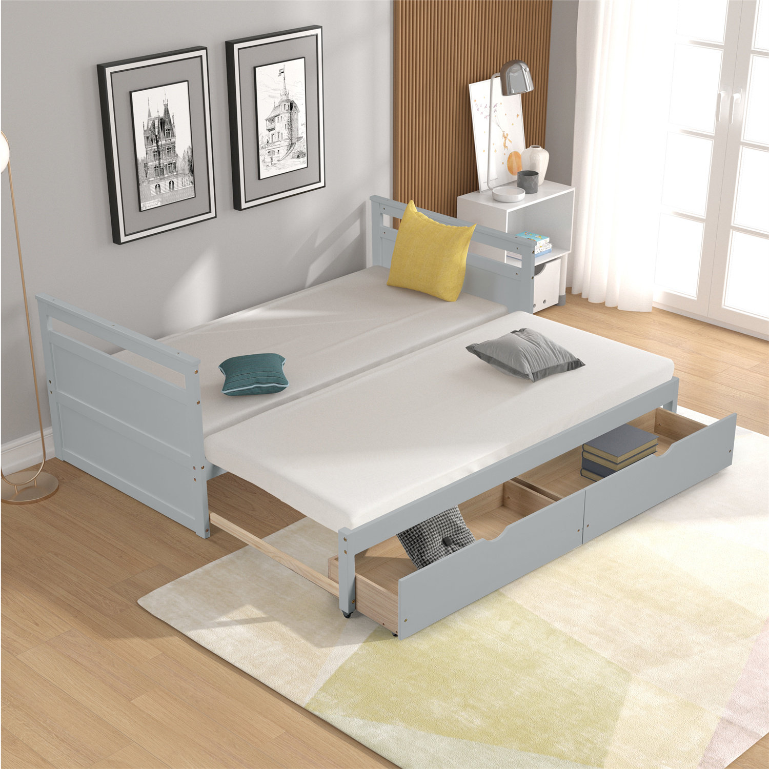 Extendable Twin Daybed with 2 Storage Drawers,Pine Wood Twin Dayed Can