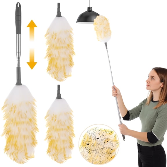 Extendable Washable Lambswool Duster, with 2 Replacable Dusters, Extends up to 53 in, Fluffy Anti-Sctarch, Electrostatic Dusting Tool for Ceiling Fans Lights, Tall Furniture, Delicate Crafts