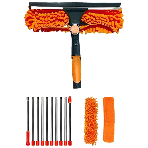 Extendable Window Cleaner, with 10 Sections Pole Length16.9 in / 43 cm, Orange Glass Squeegee with 2 Cloths, Double-Sided Rubber Vane Head, Washable Pads for Home, Car, Bathroom, Window Cleaning