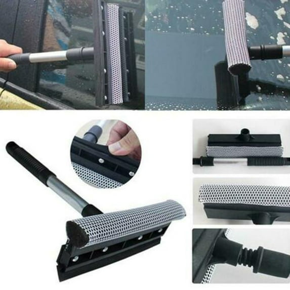Extendable Window Squeegee & Sponge, 2-In-1 Windshield Cleaning Tool, Stainless Steel Handle up to 11 In, Car Glass & Household Shower Scrub, Streak-Free Rubber Blade, Quick-Dry , 1Pc Cleaning Brush
