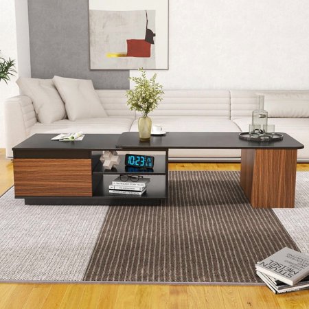 Extendable Wood Coffee Table with Storage Drawers, Adjustable Length, Large Rectangular Center Table for Living Room