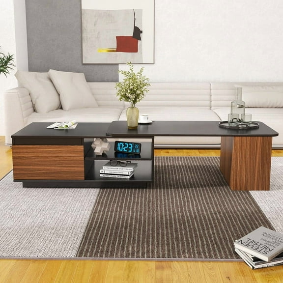Extendable Wood Coffee Table with Storage Drawers, Adjustable Length, Large Rectangular Center Table for Living Room