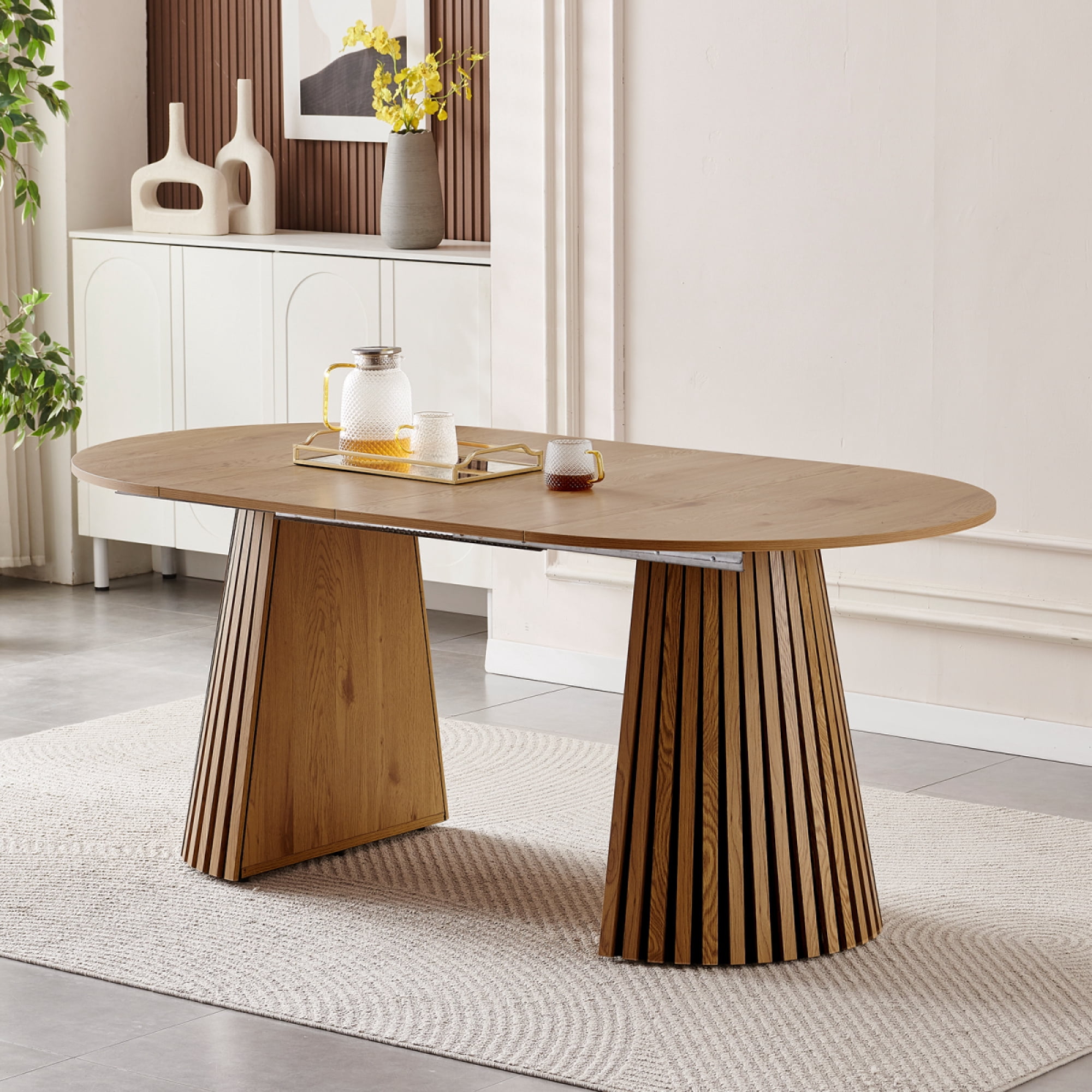 Extendable Wooden Dining Table, Fashionable Oval Design with Slatted ...