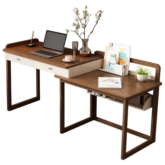 Extendable to 70" solid wood desk, storage study table with side unit, multifunctional workbench, modern office and study computer desk