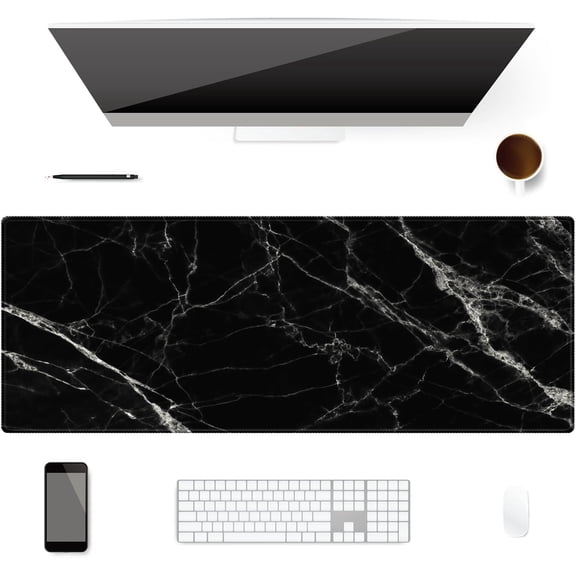 Extended Desk Mat (31.5x11.8 inch 3mm Thick), Soft Cute Extra Large XXL Waterproof Gaming Mouse Pad with Non-Slip Rubber Base & Stitched Edges, for Working/Game, Black White Marble
