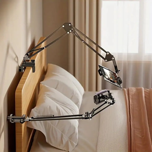 Extended Desktop Tablet Stand with Long Adjustable Arm, Mechanical Cantilever Design for iPad and Smartphones, Rotating Bedside or Tabletop Mount