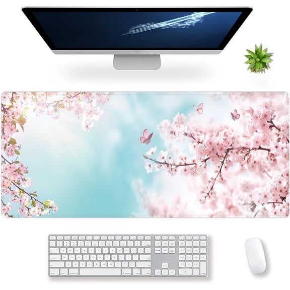 Extended Dreamy Pink Sakura Butterflies Gaming Mouse Pad - XXL Size Keyboard Mouse Mat, Non-Slip Rubber Base, Stitched Edges, Romantic Office Decor for Women, Girls, Men, 35.4 x 15.7 inch