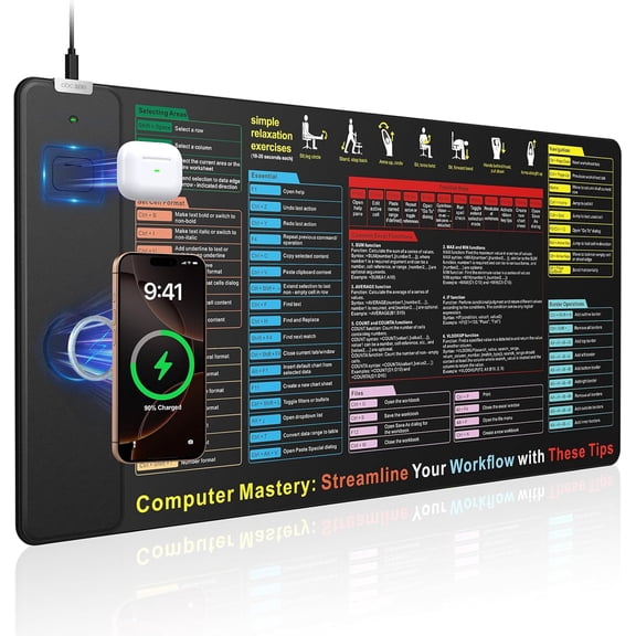Extended Excel Shortcuts Desk Pad with Magnetic Wireless Charger 31.5"x15.8" Black