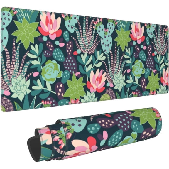 Extended Floral Gaming Mouse Pad, Succulent XL Large Mousepad with Stitched Edges, Cute Big Long Cactus Desk Mat for Desktop, Keyboard, Laptop and Computer for Women Office, (Green, 31.5*11.8 inches)