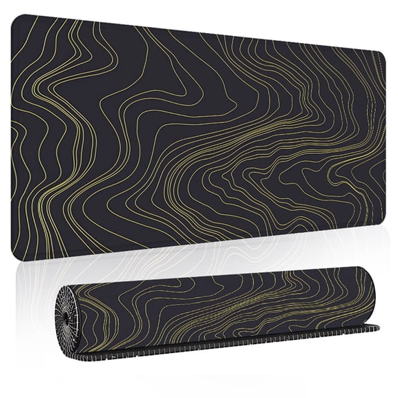 Extended Gaming Mouse Pad 31.5" x 11.8", Black with Gold Abstract Line Art, Non-Slip Large Desk Mat, Waterproof Surface for Gamers and Workstation