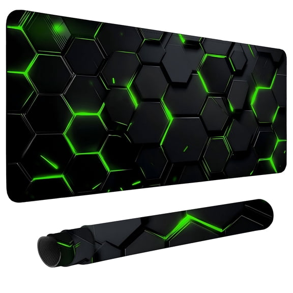 Extended Gaming Mouse Pad, 31.5"x11.8" Green Neon Hexagons Desk Mat for Keyboard and Mouse, Non-Slip Water-Resistant