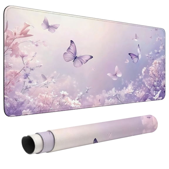 Extended Gaming Mouse Pad, 31.5"x11.8" Purple Butterflies Desk Mat for Keyboard and Mouse, Non-Slip Water-Resistant