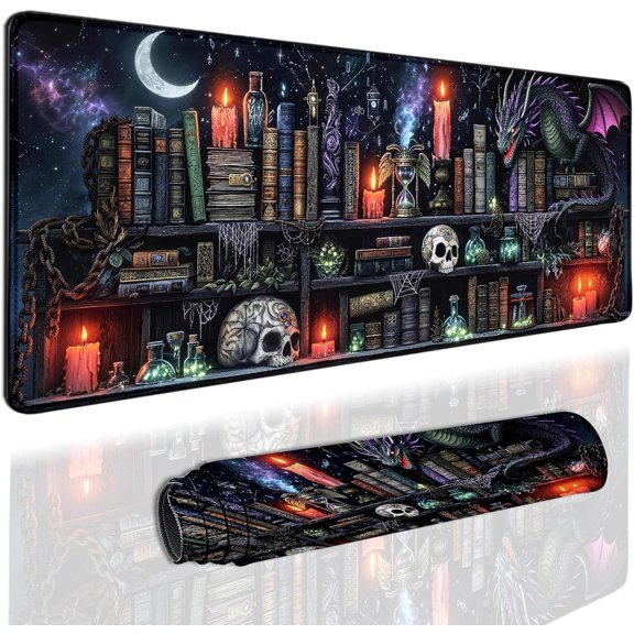 Extended Gaming Mouse Pad 31.5 x11.8 inch, Large Non-Slip Rubber Desk Mat for Gamers, Waterproof Smooth Surface for Precise Mouse Control, Washable Computer Keyboard Pad (Gothic Dark Library)