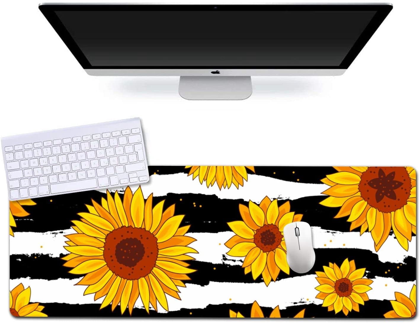 Extended Gaming Mouse Pad (31.5x11.8 in), Large Non-Slip Rubber Base Mousepad,Waterproof Keyboard Mouse Mat Desk Pad for Work, Game, Office, Home - Black and White Yellow Flower Sunflower