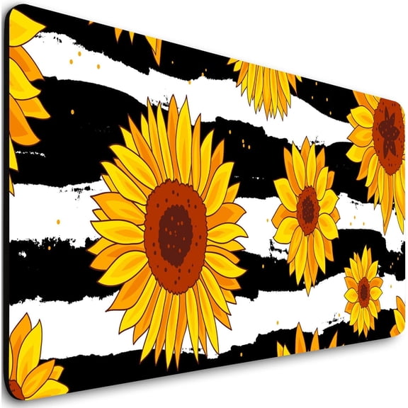 Extended Gaming Mouse Pad (31.5x11.8 in), Large Non-Slip Rubber Base Mousepad,Waterproof Keyboard Mouse Mat Desk Pad for Work, Game, Office, Home - Black and White Yellow Flower Sunflower