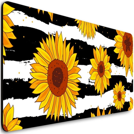 Extended Gaming Mouse Pad (31.5x11.8 in), Large Non-Slip Rubber Base Mousepad,Waterproof Keyboard Mouse Mat Desk Pad for Work, Game, Office, Home - Black and White Yellow Flower Sunflower