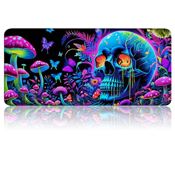Extended Gaming Mouse Pad, 35.4"x15.7" Neon Skull Mushrooms Desk Mat for Keyboard and Mouse, Non-Slip Water-Resistant