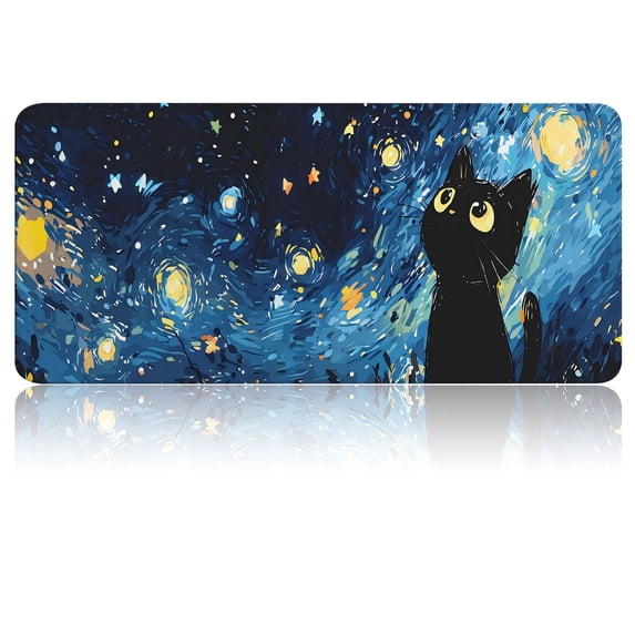 Extended Gaming Mouse Pad, 35.4"x15.7" Starry Night Cat Desk Mat for Keyboard and Mouse, Non-Slip Water-Resistant