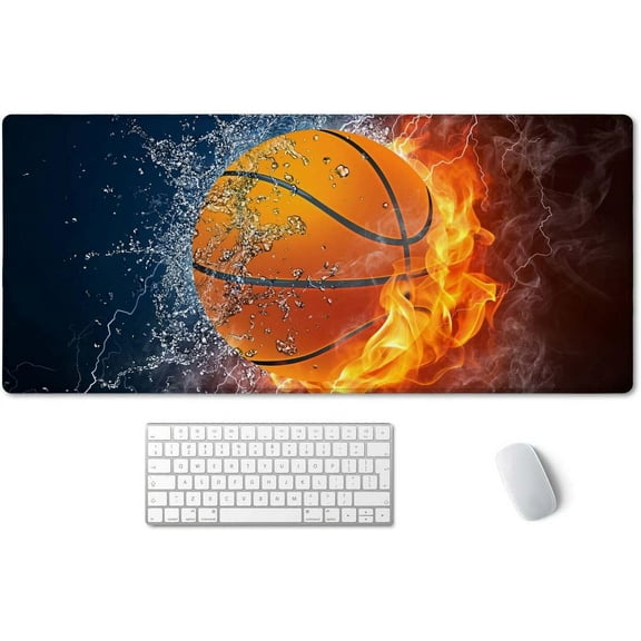 Extended Gaming Mouse Pad (35.4x15.7 in), Basketball Ball in Fire and Water Large Non-Slip Rubber Base Mousepad with Stitched Edges, Waterproof Keyboard Mouse Mat Desk Pad for Work, Game, Office