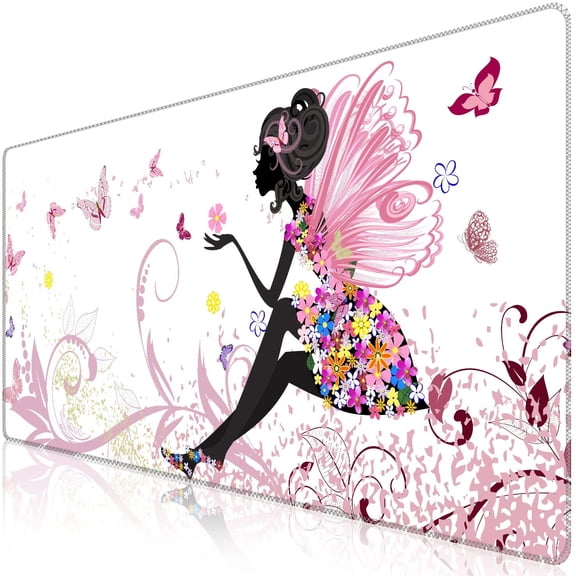 Extended Gaming Mouse Pad (35.4x15.7 in), Large 3mm Non-Slip Rubber Base Mousepad with Stitched Edges, Waterproof Keyboard Mouse Mat Desk Pad for Work, Game, Office, Home - Butterfly Girl