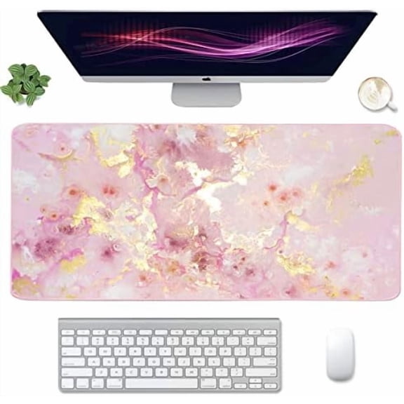 Extended Gaming Mouse Pad(35.4x15.7 in), Large Desk Pad Laptop Computer Keyboard Mat Waterproof Desk Decor Writing Pad for Work, Game, Office, Home - Pink Gold Marble