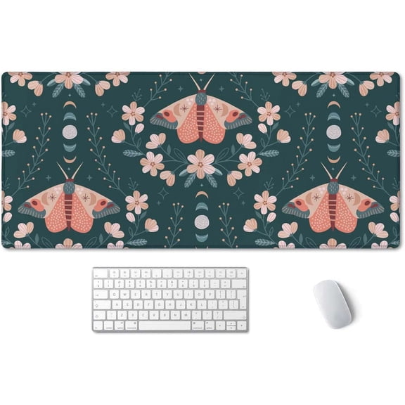Extended Gaming Mouse Pad (35.4x15.7 in), Large Non-Slip Rubber Base Mousepad with Stitched Edges, Waterproof Keyboard Mouse Mat Desk Pad for Work, Game, Office, Home - Floral Moon Moth