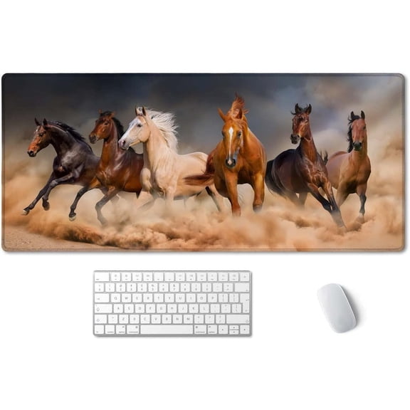 Extended Gaming Mouse Pad (35.4x15.7 in), Large Non-Slip Rubber Base Mousepad with Stitched Edges, Waterproof Keyboard Mouse Mat Desk Pad for Work, Game, Office, Home - Running Horses