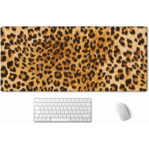 Extended Gaming Mouse Pad (35.4x15.7 in), Large Non-Slip Rubber Base Mousepad with Stitched Edges, Waterproof Keyboard Mouse Mat Desk Pad for Work, Game, Office, Home - Leopard Print