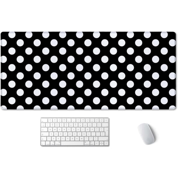 Extended Gaming Mouse Pad (35.4x15.7 in), Large Stable Rubber Base Mousepad with Stitched Edges, Keyboard Mouse Mat Desk Pad for Work, Game, Office, Home - Black and White Polka Dot