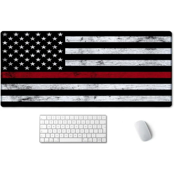 Extended Gaming Mouse Pad (35.4x15.7 in), Large Stable Rubber Base Mousepad with Stitched Edges, Keyboard Mouse Mat Desk Pad for Work, Game, Office, Home - Fire Fighter Thin Red Line Flag