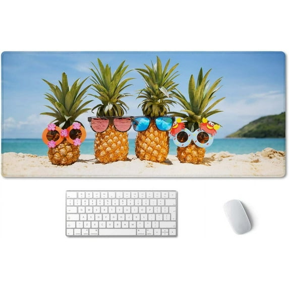 Extended Gaming Mouse Pad (35.4x15.7 in), Large Stable Rubber Base Mousepad with Stitched Edges, Keyboard Mouse Mat Desk Pad for Work, Game, Office, Home - Funny Pineapples
