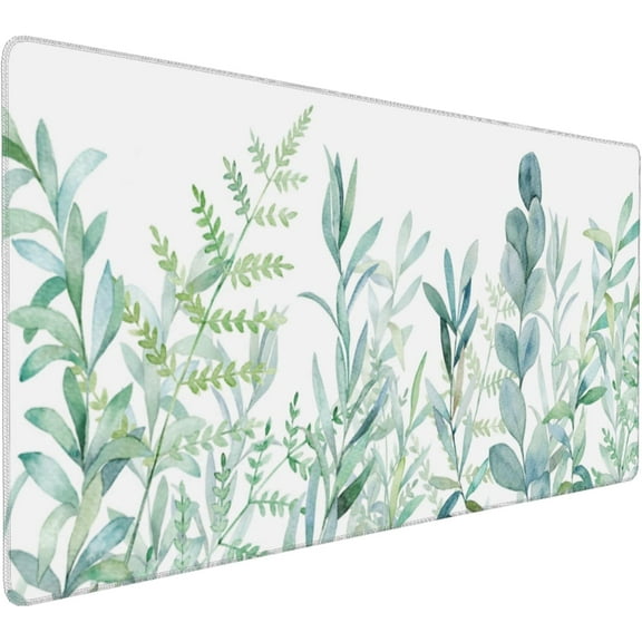 Extended Gaming Mouse Pad (35.4x15.7 inch 3mm Thick), Soft Cute Desk pad Extra Waterproof Thicken Large XXL Mouse pad with Non-Slip Rubber Base & Stitched Edges-Green Plants