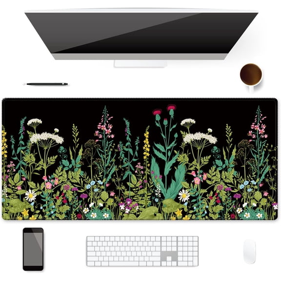 Extended Gaming Mouse Pad (35.4x15.7 inch 3mm Thick), Soft Cute Extra Large XXL Waterproof Thicken Desk Mouse Keyboard Mat with Non-Slip Rubber Base & Stitched Edges, Garden Flowers