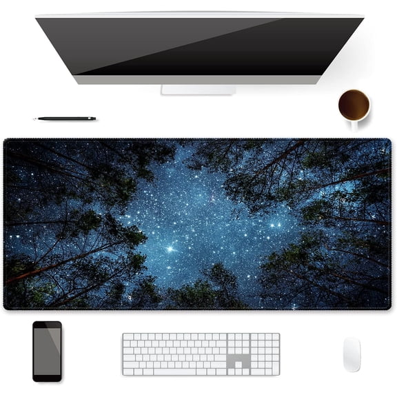 Extended Gaming Mouse Pad (35.4x15.7 inch 3mm Thick), iDonzon Soft Cute Extra Large XXL Waterproof Desk Mouse Keyboard Mat with Non-Slip Rubber Base & Stitched Edges, for Working/Game, Forest Starry