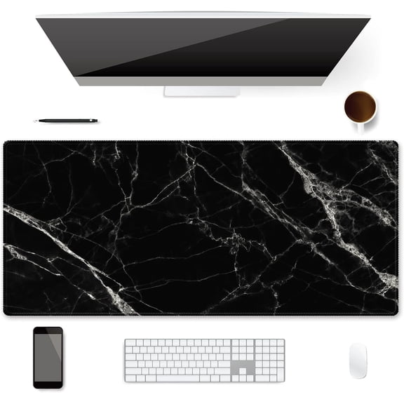 Extended Gaming Mouse Pad (35.4x15.7 inch),Soft Cute Extra Large XXL Waterproof Desk Mouse Keyboard Mat with Non-Slip Rubber Base & Stitched Edges, for Work/Game, Black White Marble