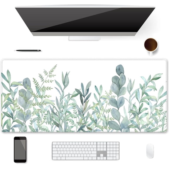 Extended Gaming Mouse Pad (35.4x15.7 inch), Soft Cute Extra Large XXL Waterproof Thicken Desk Mouse Keyboard Mat with Non-Slip Rubber Base & Stitched Edges, Green Plants