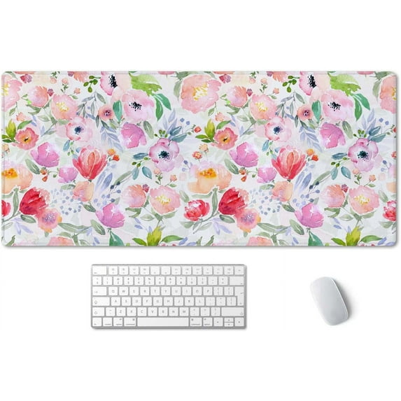 Extended Gaming Mouse Pad (35.5x15.7 in), Large Stable Rubber Base Mousepad with Stitched Edges, Keyboard Mouse Mat Desk Pad for Work, Game, Office, Home - Watercolor Floral Botanical Pattern