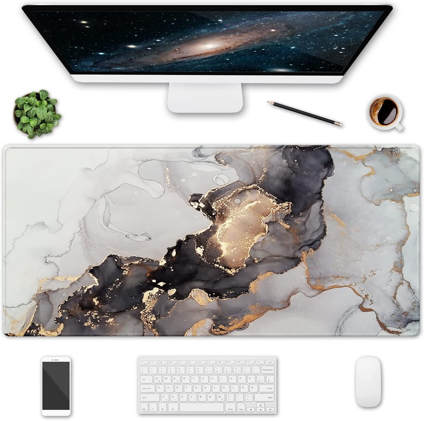 Extended Gaming Mouse Pad, 35.5x15.75 Non-Slip Large Desk Pad Mousepad with Stitched Edges Waterproof Keyboard Mouse Mat Desk Protector for Game, Office and Home, Ink Marble