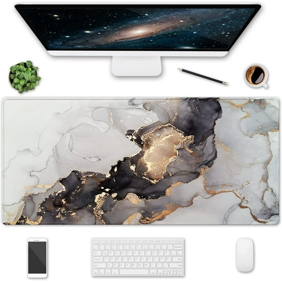 Extended Gaming Mouse Pad, 35.5x15.75 Non-Slip Large Desk Pad Mousepad with Stitched Edges Waterproof Keyboard Mouse Mat Desk Protector for Game, Office and Home, Ink Marble