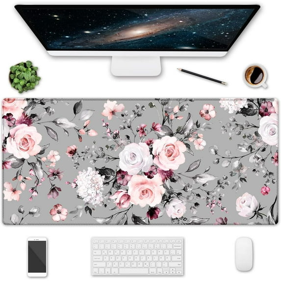 Extended Gaming Mouse Pad, 35.5x15.75" Non-Slip Oversized Desk Pad Mousepad with Stitched Edges Waterproof Keyboard Mouse Mat Desk Protector for Game, Office and Home, Gray Rose