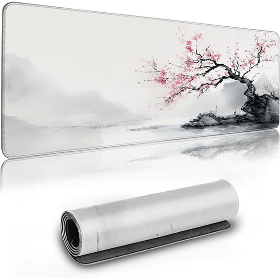 Extended Gaming Mouse Pad Anime Large Desk Pad with Non-Slip Base Full Keyboard Mat with Stitched Edges for Gaming and Office 31.5 x 11.8 inches (White Cherry Blossom)