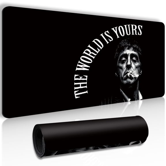 Extended Gaming Mouse Pad - Dark Character Design with "THE WORLD IS YOURS" Text - Large PC Desktop Mat for Laptops and Desks