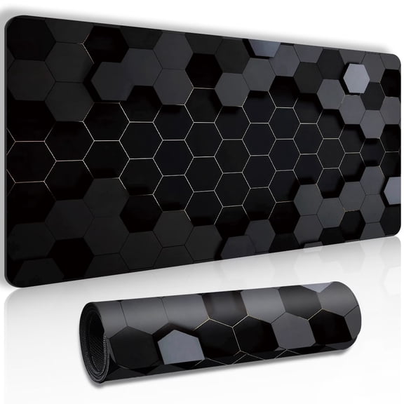 Extended Gaming Mouse Pad - Dark Hexagonal Design - Large PC Desktop Keyboard Mat with Non-Slip Base for Gamers