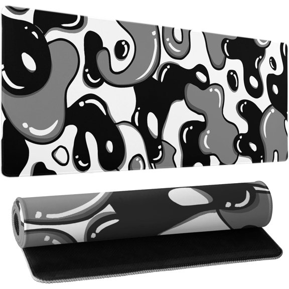 Extended Gaming Mouse Pad Desk Mat Japanese Geometric Design Non-Slip Rubber Base Stitched Edges 31.5"x11.8" Grey Black White