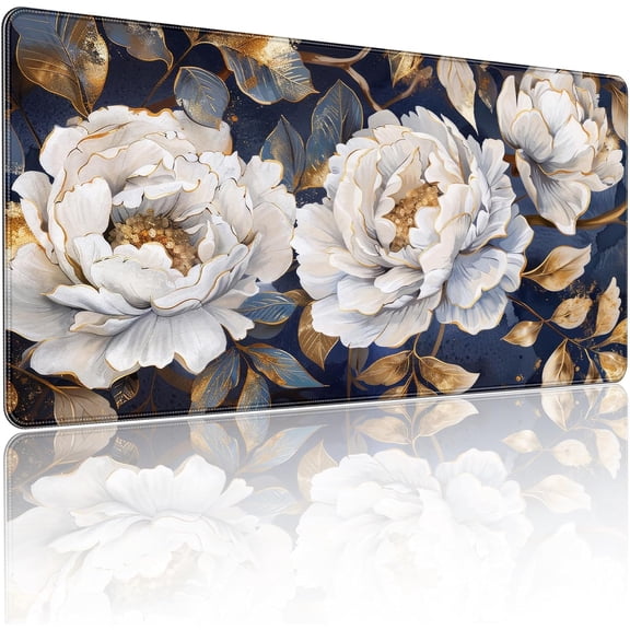 Extended Gaming Mouse Pad, Floral Peony Design, Navy Blue White and Gold, 35.4 x 15.7 Inches, Non-Slip Rubber Base, Stitched Edges