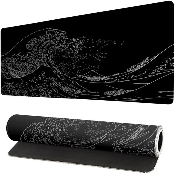 Extended Gaming Mouse Pad, Large Gaming Mouse Waterproof with Stitched Edges, Non-Slip Desktop Pad for Home and Office, Level Up Your 31.5x11.8 Inch(Black Wave)
